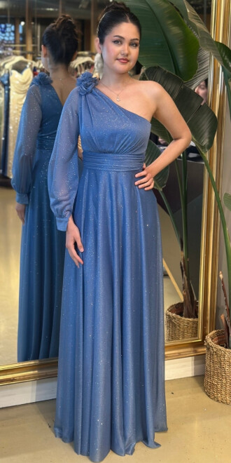 İndigo Tek Kollu Simli Uzun Abiye Elbise 3425 - abiyeniall