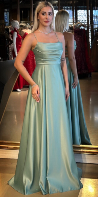 Adaçayı Rengi İp Askılı Sırt Dekolteli Kloş Etekli Saten Uzun Abiye Elbise 7764 - abiyeniall