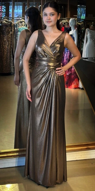 Bakır Kalın Askı V Yaka Anvelop Yırtmaçlı Düz Kesim Simli Uzun Abiye Elbise 11074 - abiyeniall