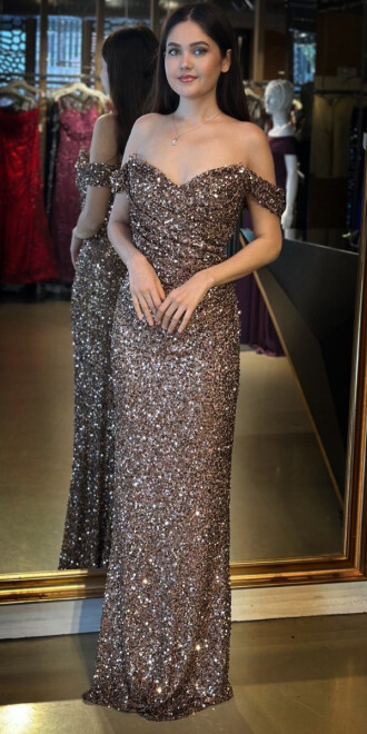 Bakır Madonna Yaka Düz Kesim Payet Uzun Abiye Elbise 11085 - abiyeniall