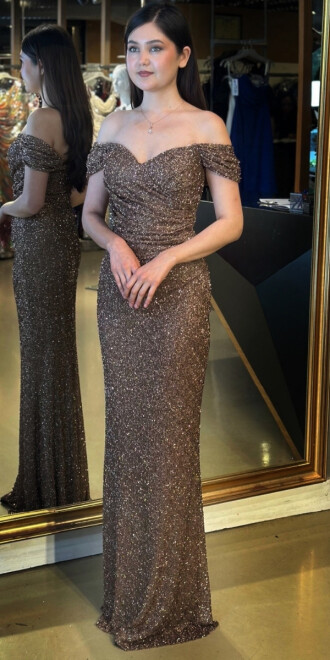 Bakır Madonna Yaka Düz Kesim Pullu Boncuklu Uzun Abiye Elbise 11023 - abiyeniall