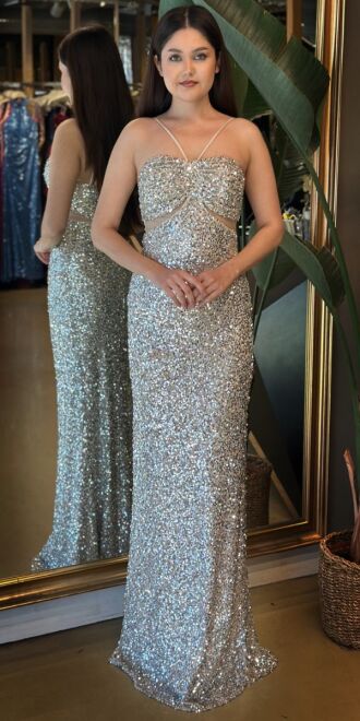 Bej İp Askılı Düz Kesim Payet Uzun Abiye Elbise 7702 - abiyeniall