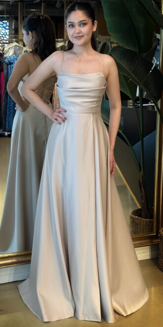 Bej İp Askılı Sırt Dekolteli Kloş Etekli Saten Uzun Abiye Elbise 7764 - abiyeniall