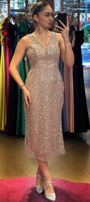 Bej Kalın Askı Düz Kesim Simli Midi Abiye Elbise 7619 - abiyeniall