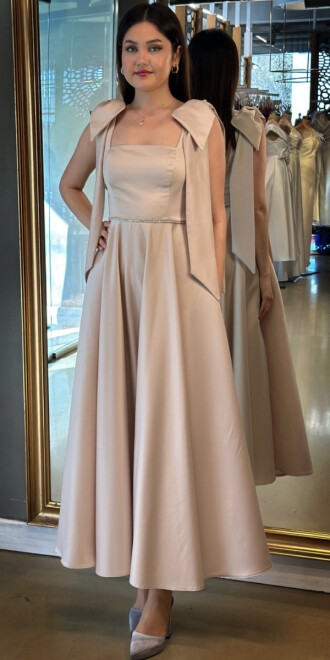 Bej Kalın Askı Kurdele Detaylı Kloş Etekli Saten Midi Abiye Elbise 7667 - abiyeniall