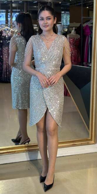 Bej Kalın Askılı Pullu Kısa Abiye Elbise 95041 - abiyeniall