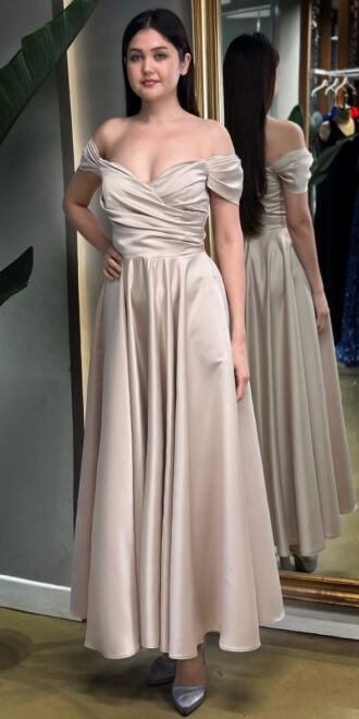 Bej Madonna Yaka Kloş Etekli Saten Midi Abiye Elbise 7672 - abiyeniall