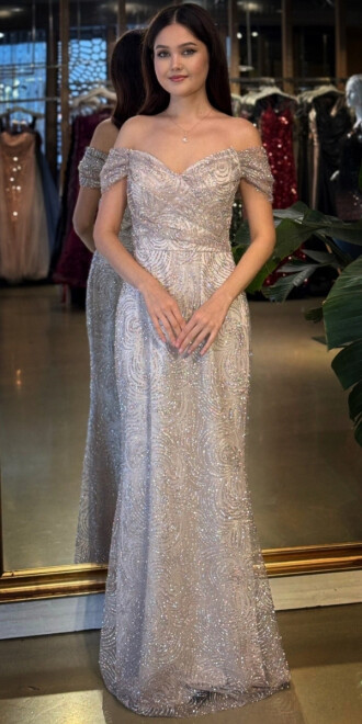 Bej Madonna Yaka Sırt Dekolteli Düz Kesim Simli Uzun Abiye Elbise 11113-06 - abiyeniall