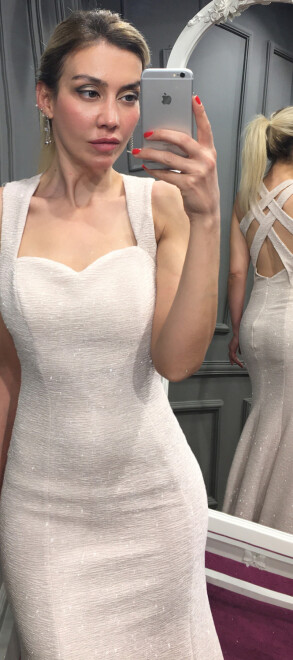 Bej Sırt Dekolteli Balık Etekli Simli Kumaş Uzun Abiye Elbise 6030 - 2