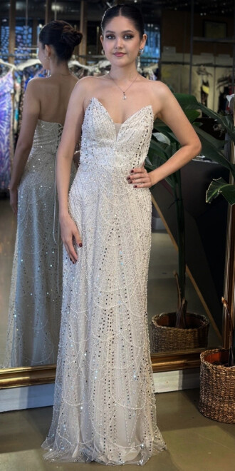 Bej Straplez Yaka Sırt Dekolteli Düz Kesim Pullu Boncuklu Uzun Abiye Elbise 11036-01 - abiyeniall