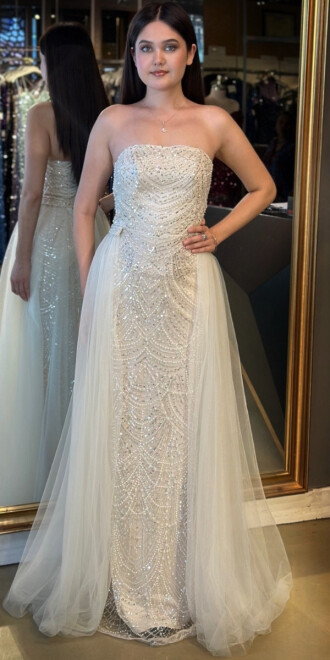 Bej Straplez Yaka Tül Pelerin Etekli Pullu Boncuklu Uzun Abiye Elbise 7705 - abiyeniall