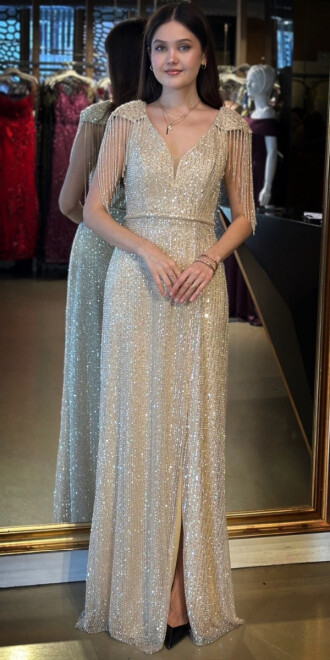 Bej V Yaka Boncuk İşlemeli Yırtmaçlı Düz Kesim Likralı Payet Uzun Abiye Elbise 11107-01 - abiyeniall