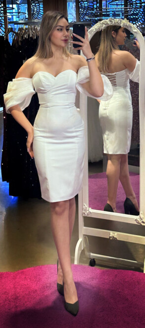 Beyaz Balon Kollu Sırt Dekolteli Düz Kesim Krep Kısa Abiye Elbise 7493 - abiyeniall