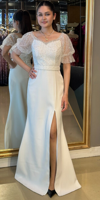 Beyaz Balon Kollu Yırtmaçlı Uzun Abiye Elbise 7606 - abiyeniall