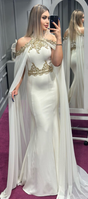 Krem Dantel Detaylı Balık Etekli Krep Uzun Abiye Elbise 6276 - abiyeniall