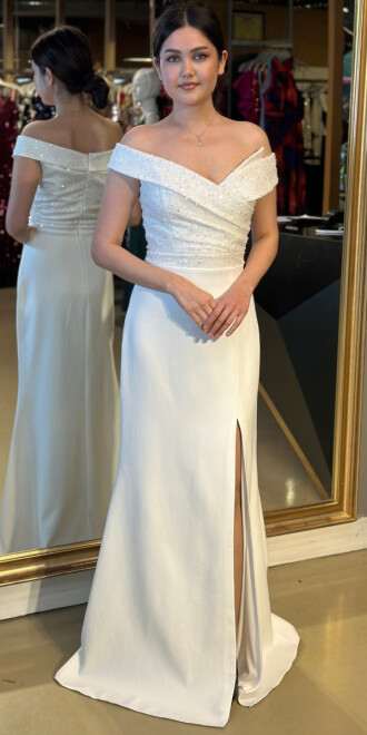 Beyaz Düşük Kollu Uzun Abiye Elbise 3652 - abiyeniall