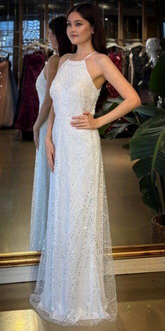 Beyaz Halter Yaka İp Askılı Düz Kesim Pullu Boncuklu Uzun Abiye Elbise 11103-05 - 2