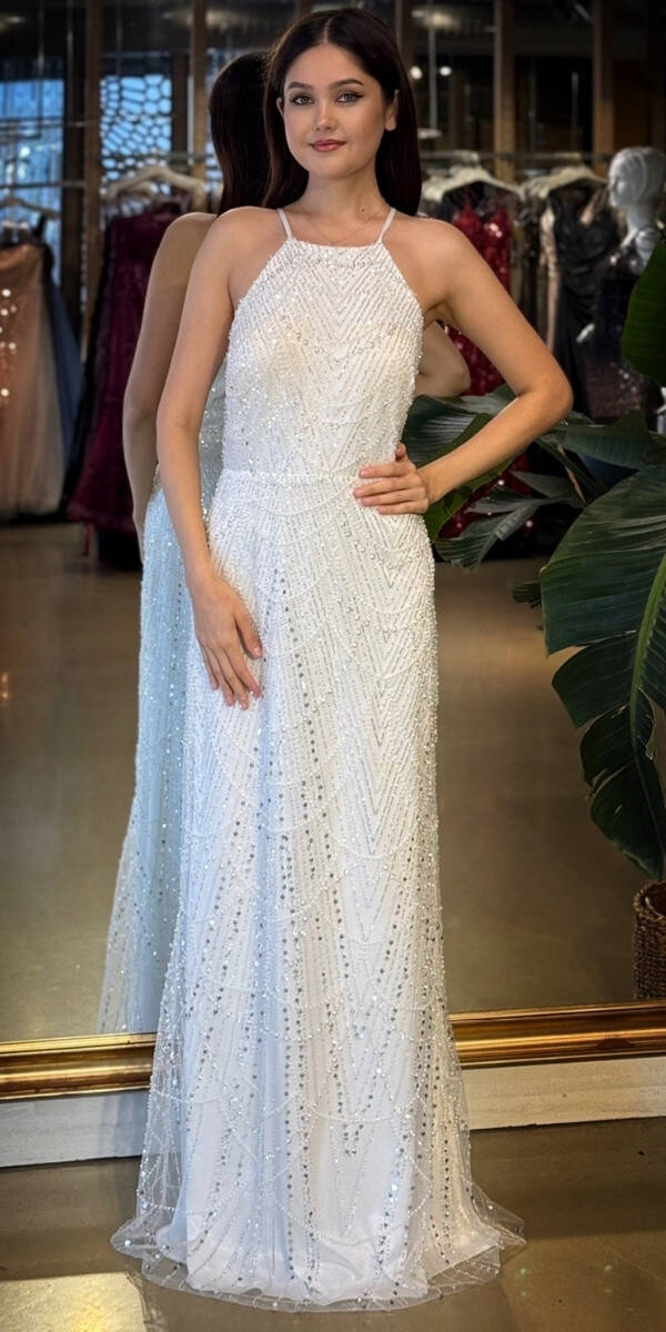 Beyaz Halter Yaka İp Askılı Düz Kesim Pullu Boncuklu Uzun Abiye Elbise 11103-05 - 1