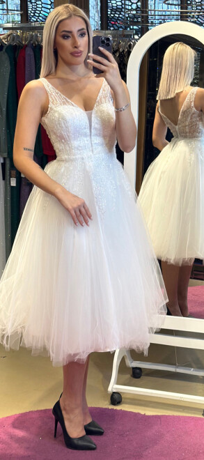 Beyaz Kalın Askı Kloş Etekli Tül Midi Abiye Elbise 7023 - abiyeniall