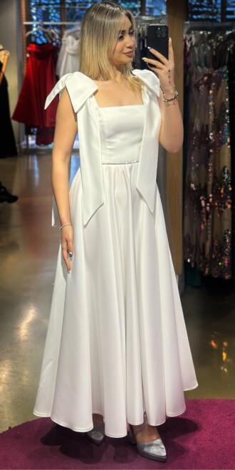 Beyaz Kalın Askı Kurdele Detaylı Kloş Etekli Saten Midi Abiye Elbise 7667 - abiyeniall