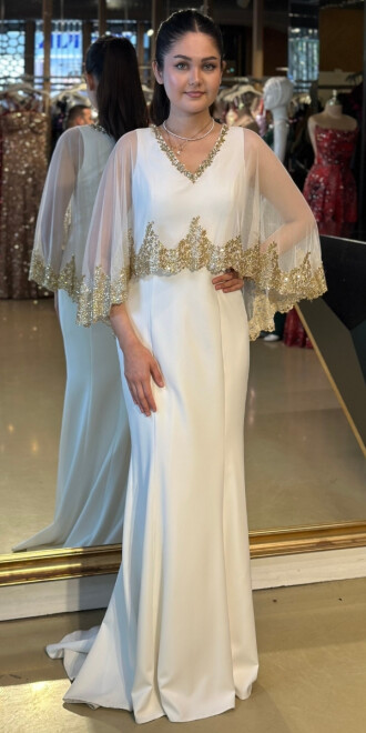 Beyaz Kalın Askılı V Yaka Pelerinli Uzun Abiye Elbise 95042 - abiyeniall