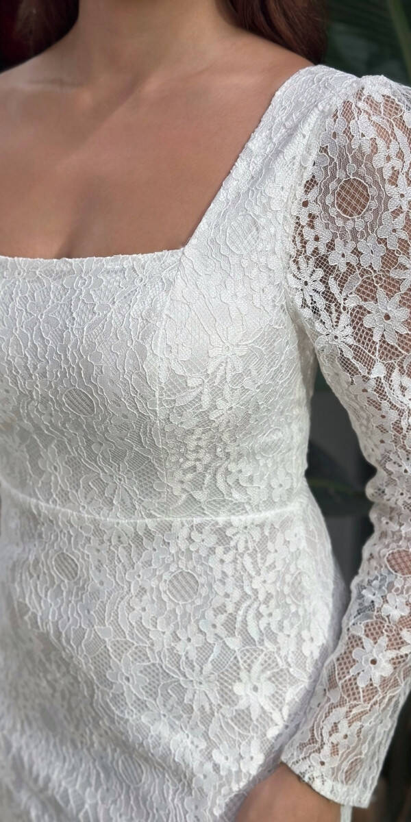 Beyaz Kare Yaka Uzun Kollu Yırtmaçlı Düz Kesim Dantel Midi Abiye Elbise 11122-01 - 4