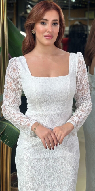 Beyaz Kare Yaka Uzun Kollu Yırtmaçlı Düz Kesim Dantel Midi Abiye Elbise 11122-01 - 3