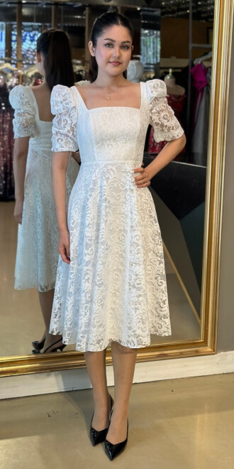 Beyaz Kare Yaka Dirsek Kol Midi Boy Abiye Elbise 95040 - abiyeniall