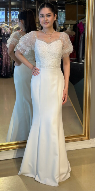 Beyaz Kısa Kollu Balık Kesim Uzun Abiye Elbise 7573 - abiyeniall