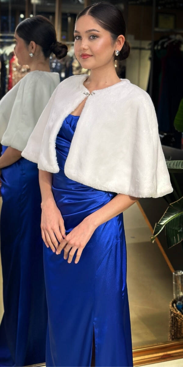 Beyaz Kısa Kollu Taş Detaylı Tay Tüyü Bolero Abiye Ceket 11165-02 - 2