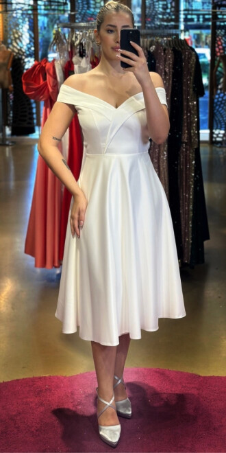 Beyaz Kloş Etekli Saten Midi Abiye Elbise 7202 - abiyeniall