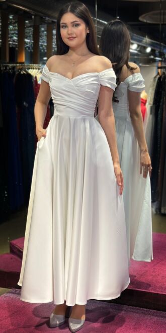 Beyaz Madonna Yaka Kloş Etekli Saten Midi Abiye Elbise 7672 - abiyeniall