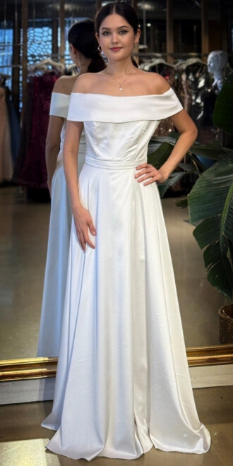 Beyaz Madonna Yaka Kloş Etekli Saten Uzun Abiye Elbise 11067-08 - abiyeniall