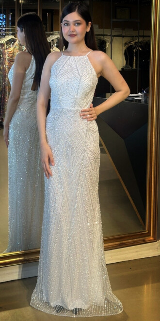 Beyaz Stefanel Yaka Sırt Dekolteli Düz Kesim Pullu Boncuklu Uzun Abiye Elbise 7712 - abiyeniall