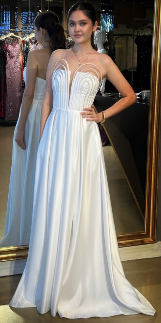 Beyaz Straplez Yaka Sırt Dekolteli Kloş Etekli Saten Uzun Abiye Elbise 11088 - abiyeniall