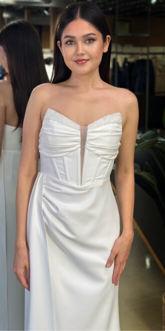 Beyaz Straplez Yaka Taş Detaylı Anvelop Yırtmaçlı Düz Kesim Krep Uzun Abiye Elbise 11109-03 - 3