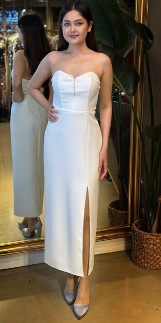 Beyaz Taş Detaylı Yırtmaçlı Düz Kesim Krep Midi Abiye Elbise 7734 - abiyeniall