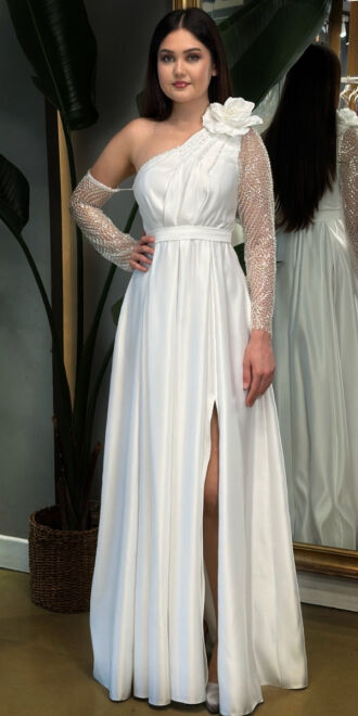 Beyaz Tek Kollu Çiçek Detaylı Yırtmaçlı Kloş Etekli Saten Uzun Abiye Elbise 7655 - abiyeniall