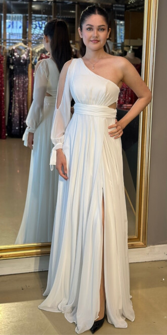 Beyaz Tek Kollu Tül Yırtmaçlı Uzun Abiye Elbise 95036 - abiyeniall