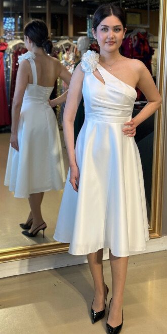 Beyaz Tek Omuzlu Midi Boy Abiye Elbise 95038 - abiyeniall