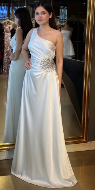 Beyaz Tek Omuzlu Taş Detaylı Düz Kesim Saten Uzun Abiye Elbise 7684 - abiyeniall