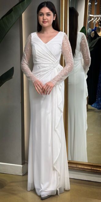 Beyaz Uzun Kollu Boncuk İşlemeli Yırtmaçlı Düz Kesim Likralı Uzun Abiye Elbise 7674 - abiyeniall