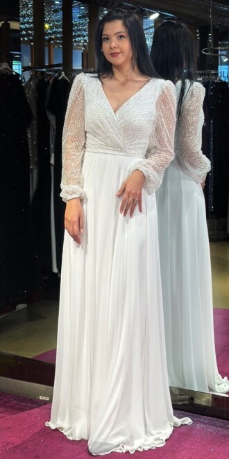 Beyaz Uzun Kollu Kloş Etekli Şifon Uzun Abiye Elbise 7500 - abiyeniall