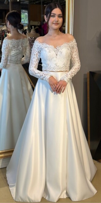 Beyaz Uzun Kollu Kloş Etekli Uzun Abiye Elbise 95039 - abiyeniall