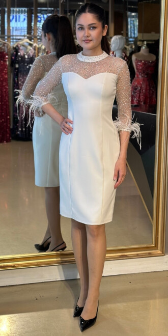 Beyaz Uzun Kollu Taş Detaylı Uzun Abiye Elbise 95029 - abiyeniall