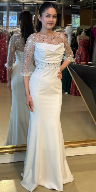 Beyaz Uzun Kollu Uzun Abiye Elbise 7463 - abiyeniall