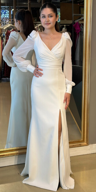 Beyaz Uzun Kollu Yırtmaçlı Uzun Abiye Elbise 3644 - abiyeniall