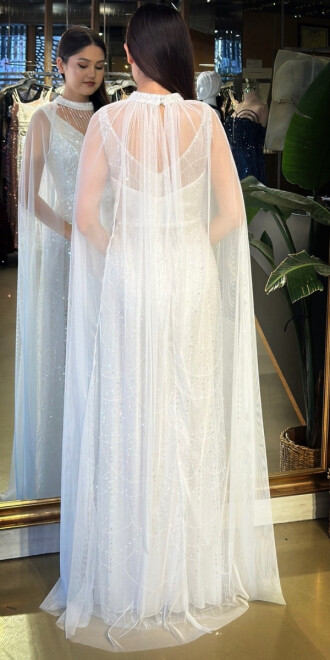 Beyaz V Yaka Kalın Askı Pelerin Düz Kesim Pullu Boncuklu Uzun Abiye Elbise 11142-02 - 5