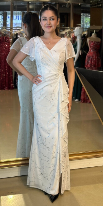 Beyaz V Yaka Kalın Askılı Uzun Abiye Elbise 3536 - abiyeniall