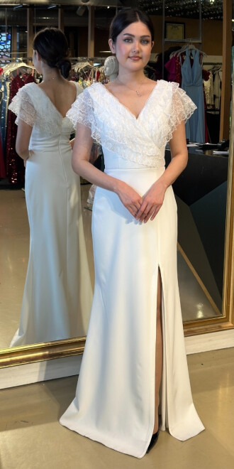 Beyaz V Yaka Kalın Askılı Yırtmaçlı Uzun Abiye Elbise 95035 - abiyeniall